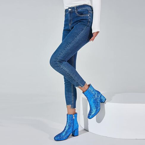 SEIFIN Women's Sequins Glitter Chunky Heel Ankle Boots Sparkly Wedding Bridal Party Dress Shoes Block Mid Heels Side Zipper Booties in Saudi Arabia