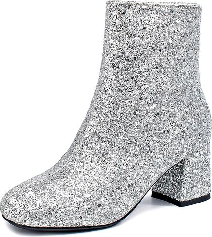 SEIFIN Women's Sequins Glitter Chunky Heel Ankle Boots Sparkly Wedding Bridal Party Dress Shoes Block Mid Heels Side Zipper Booties in Kuwait