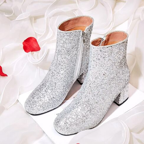 SEIFIN Women's Sequins Glitter Chunky Heel Ankle Boots Sparkly Wedding Bridal Party Dress Shoes Block Mid Heels Side Zipper Booties in Kuwait