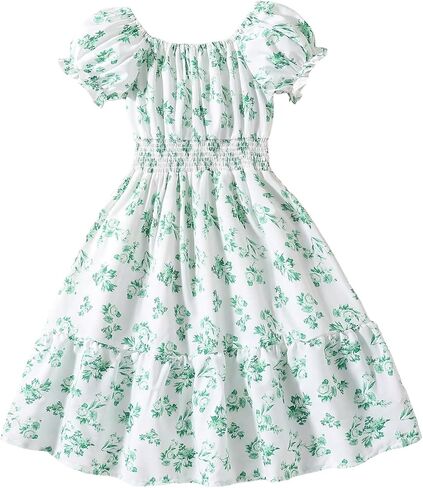COZYEASE Girls' Butterfly Print Puff Sleeve High Waisted Shirred A Line Dress Short Dresses in Saudi Arabia