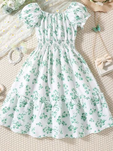 COZYEASE Girls' Butterfly Print Puff Sleeve High Waisted Shirred A Line Dress Short Dresses in Saudi Arabia
