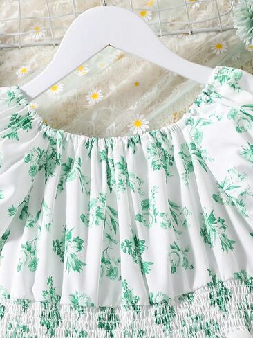 COZYEASE Girls' Butterfly Print Puff Sleeve High Waisted Shirred A Line Dress Short Dresses in Saudi Arabia