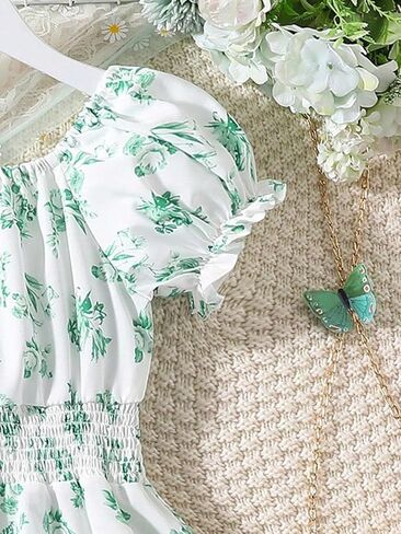 COZYEASE Girls' Butterfly Print Puff Sleeve High Waisted Shirred A Line Dress Short Dresses in Saudi Arabia