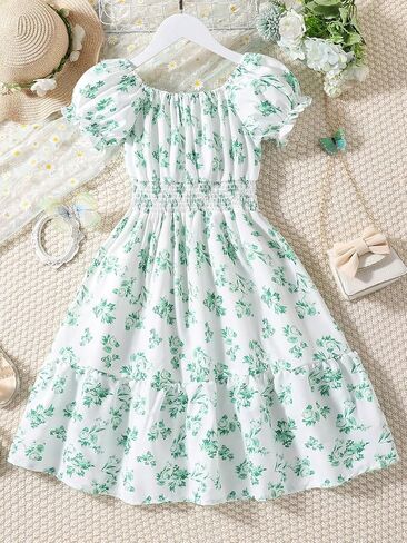 COZYEASE Girls' Butterfly Print Puff Sleeve High Waisted Shirred A Line Dress Short Dresses in Saudi Arabia