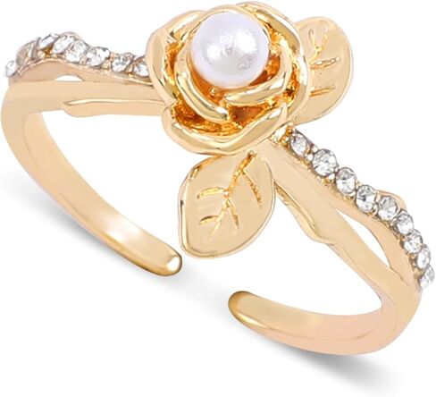 خاتم ذهبي على شكل وردة للنساء، خاتم انيق مطلي بالذهب واللؤلؤ مع ورقة شجر مفتوحة قابلة للتعديل من الذهب الاصفر، هدايا مجوهرات للنساء، هدية الكريسماس وعيد الحب للنساء والفتيات in Kuwait