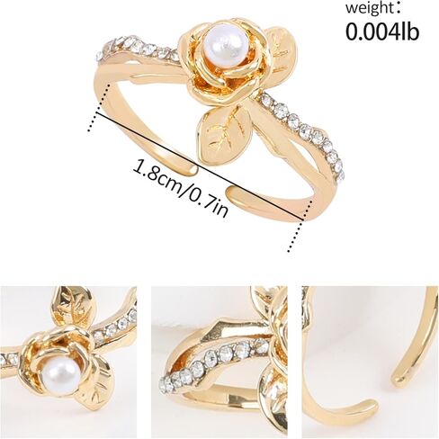 خاتم ذهبي على شكل وردة للنساء، خاتم انيق مطلي بالذهب واللؤلؤ مع ورقة شجر مفتوحة قابلة للتعديل من الذهب الاصفر، هدايا مجوهرات للنساء، هدية الكريسماس وعيد الحب للنساء والفتيات in Kuwait