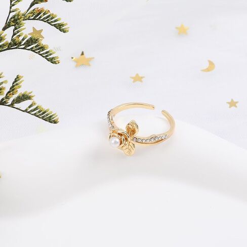 خاتم ذهبي على شكل وردة للنساء، خاتم انيق مطلي بالذهب واللؤلؤ مع ورقة شجر مفتوحة قابلة للتعديل من الذهب الاصفر، هدايا مجوهرات للنساء، هدية الكريسماس وعيد الحب للنساء والفتيات in Kuwait