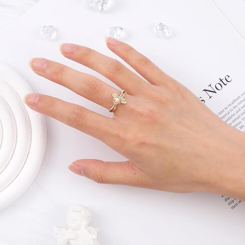 خاتم ذهبي على شكل وردة للنساء، خاتم انيق مطلي بالذهب واللؤلؤ مع ورقة شجر مفتوحة قابلة للتعديل من الذهب الاصفر، هدايا مجوهرات للنساء، هدية الكريسماس وعيد الحب للنساء والفتيات in Kuwait