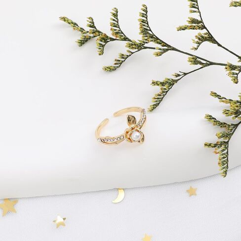 خاتم ذهبي على شكل وردة للنساء، خاتم انيق مطلي بالذهب واللؤلؤ مع ورقة شجر مفتوحة قابلة للتعديل من الذهب الاصفر، هدايا مجوهرات للنساء، هدية الكريسماس وعيد الحب للنساء والفتيات in Kuwait
