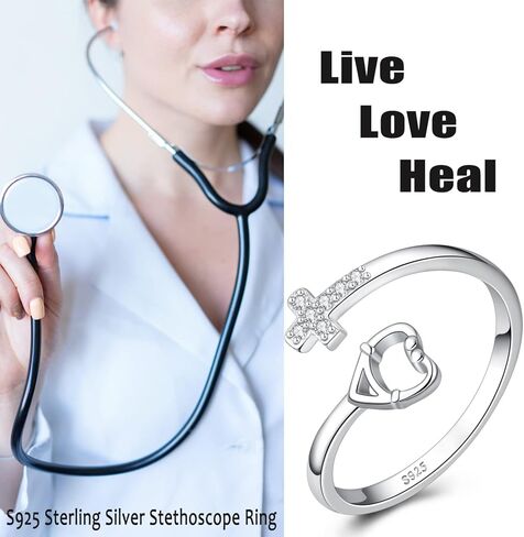 بيلين خاتم قابل للتعديل من الفضة الاسترليني عيار 925 بتصميم على شكل سماعة طبيب بتصميم متقاطع للنساء والبنات المراهقات وهدايا عيد الممرضات، معدن، زركونيا مكعب in Kuwait