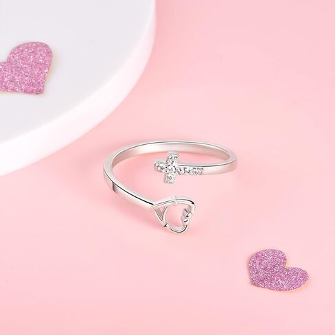 بيلين خاتم قابل للتعديل من الفضة الاسترليني عيار 925 بتصميم على شكل سماعة طبيب بتصميم متقاطع للنساء والبنات المراهقات وهدايا عيد الممرضات، معدن، زركونيا مكعب in Kuwait