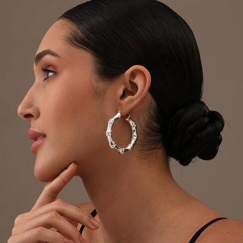 LeCalla Sterling Silver Light-Weight Bamboo Hoop Earrings for Women in Saudi Arabia