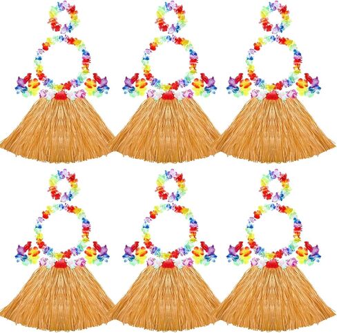6 Sets Hawaiian Grass Hula Skirt with Flower Costume Elastic Luau Grass Flower Bracelet Headband Necklace?Delicate Style?, Yellow in Saudi Arabia