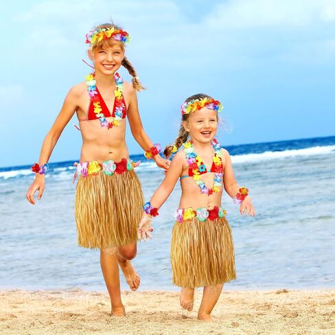 6 Sets Hawaiian Grass Hula Skirt with Flower Costume Elastic Luau Grass Flower Bracelet Headband Necklace?Delicate Style?, Yellow in Saudi Arabia