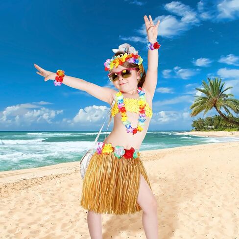 6 Sets Hawaiian Grass Hula Skirt with Flower Costume Elastic Luau Grass Flower Bracelet Headband Necklace?Delicate Style?, Yellow in Saudi Arabia