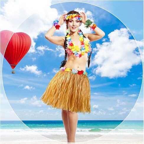 6 Sets Hawaiian Grass Hula Skirt with Flower Costume Elastic Luau Grass Flower Bracelet Headband Necklace?Delicate Style?, Yellow in Saudi Arabia