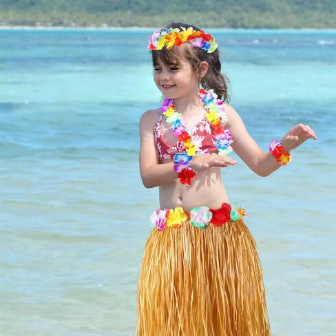6 Sets Hawaiian Grass Hula Skirt with Flower Costume Elastic Luau Grass Flower Bracelet Headband Necklace?Delicate Style?, Yellow in Saudi Arabia