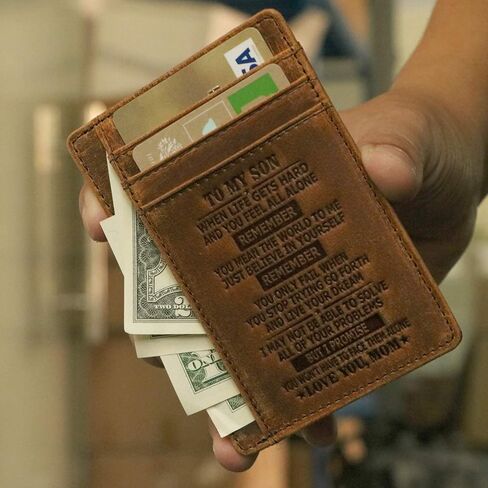 محفظة بطاقة، جيب أمامي منقوش من الجلد النحيف مع حامل بطاقات RFID ، هدية لحبيبك (متوسط) in Saudi Arabia