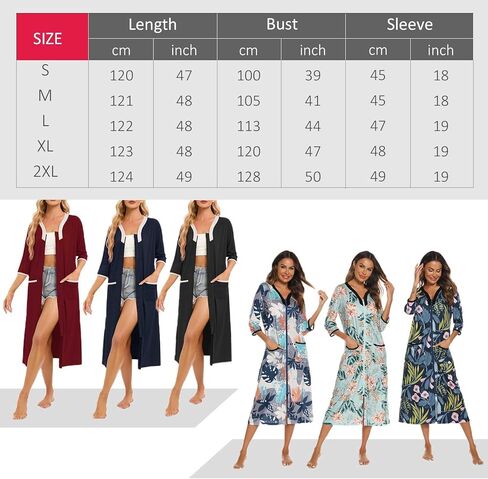 Hellomamma Women Zipper Robe 3/4 Sleeves Loungewear Dress Full Length Sleepwear Pockets Housecoat Nightgown Long Bathrobe in Kuwait