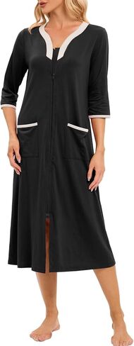 Hellomamma Women Zipper Robe 3/4 Sleeves Loungewear Dress Full Length Sleepwear Pockets Housecoat Nightgown Long Bathrobe in Kuwait