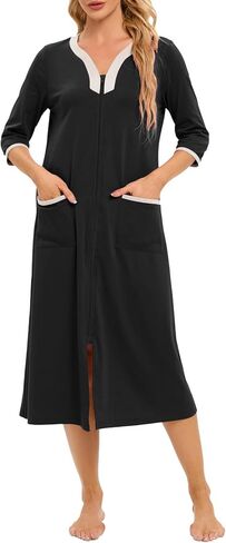 Hellomamma Women Zipper Robe 3/4 Sleeves Loungewear Dress Full Length Sleepwear Pockets Housecoat Nightgown Long Bathrobe in Kuwait