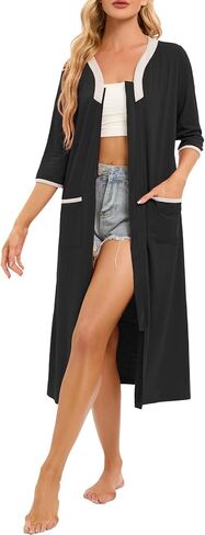 Hellomamma Women Zipper Robe 3/4 Sleeves Loungewear Dress Full Length Sleepwear Pockets Housecoat Nightgown Long Bathrobe in Kuwait