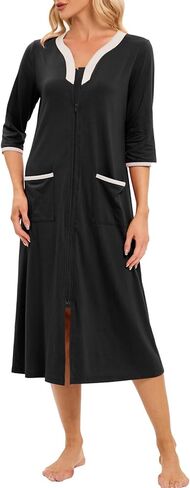 Hellomamma Women Zipper Robe 3/4 Sleeves Loungewear Dress Full Length Sleepwear Pockets Housecoat Nightgown Long Bathrobe in Kuwait