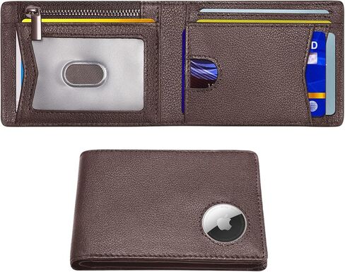محفظة AirTag للرجال من الجلد الطبيعي مع مقسم للفاتورة، محفظة AirTag رفيعة ثنائية الطي ومزودة بجيب للعملات المعدنية بسحاب للرجال والنساء in Kuwait