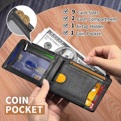 محفظة AirTag للرجال من الجلد الطبيعي مع مقسم للفاتورة، محفظة AirTag رفيعة ثنائية الطي ومزودة بجيب للعملات المعدنية بسحاب للرجال والنساء in Kuwait