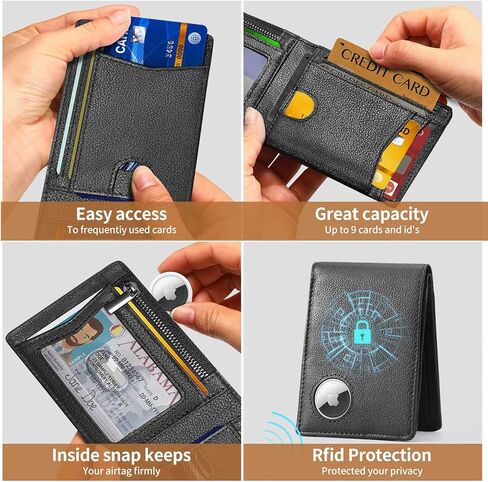 محفظة AirTag للرجال من الجلد الطبيعي مع مقسم للفاتورة، محفظة AirTag رفيعة ثنائية الطي ومزودة بجيب للعملات المعدنية بسحاب للرجال والنساء in Kuwait