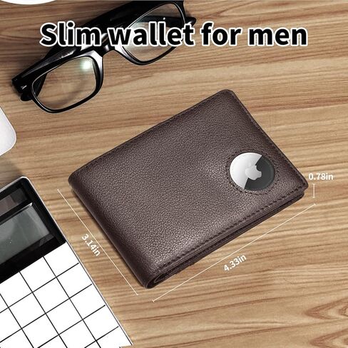 محفظة AirTag للرجال من الجلد الطبيعي مع مقسم للفاتورة، محفظة AirTag رفيعة ثنائية الطي ومزودة بجيب للعملات المعدنية بسحاب للرجال والنساء in Kuwait