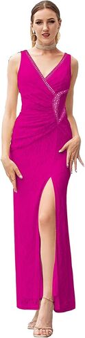 Angel-fashions Women's V Neck Lace Split Ruffled Beading Sheath Wedding Dress in Saudi Arabia