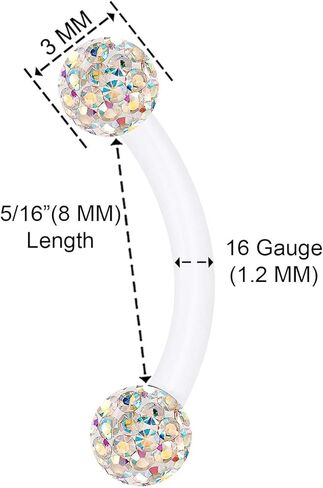 BanaVega 3 قطعة واضح الاكريليك منحني الحديد مسمار 16 مقياس 5/16 8 مللي متر 3 مللي متر كريستال الزنمة أقراط الحاجب ثقب المجوهرات اختيار الألوان in Kuwait