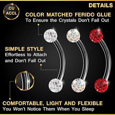 BanaVega 3 قطعة واضح الاكريليك منحني الحديد مسمار 16 مقياس 5/16 8 مللي متر 3 مللي متر كريستال الزنمة أقراط الحاجب ثقب المجوهرات اختيار الألوان in Kuwait