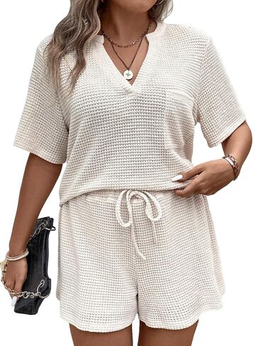 MakeMeChic Women's Plus Size Casual 2 Piece Outfits Short Sleeve V Neck Tee Top and Elastic Waist Shorts Set in Saudi Arabia