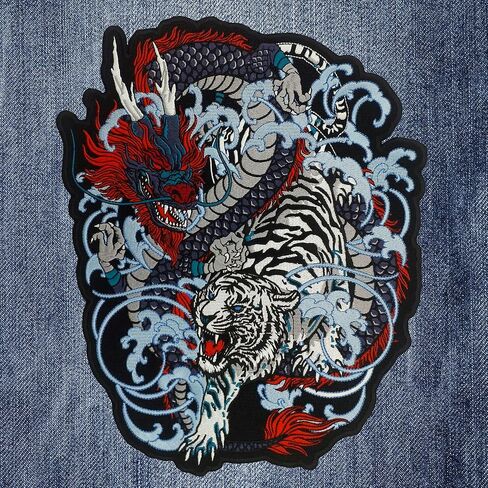 Chinese Dragon and White Tiger Large Embroidered Motorcycle Jacket & Biker Vest Back Patch in Kuwait