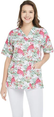 Hawaiian Print Cotton 2 Pockets Scrub Top in Flamingo in Love in Saudi Arabia