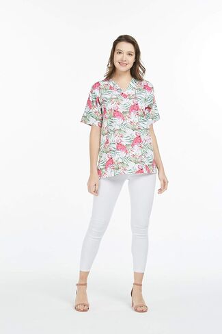 Hawaiian Print Cotton 2 Pockets Scrub Top in Flamingo in Love in Saudi Arabia