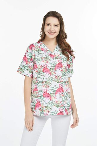 Hawaiian Print Cotton 2 Pockets Scrub Top in Flamingo in Love in Saudi Arabia