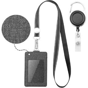 Badge Holder - Leather ID Card Holder Wallet Case with 3 Cards Slot and Neck Lanyard/Strap. Additional Retractable Badge Reel with Belt Clip (Black, Linen Finish)