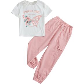 OYOANGLE Girl's 2 Piece Outfits Short Sleeve Butterfly Tee and Sweatpants Set