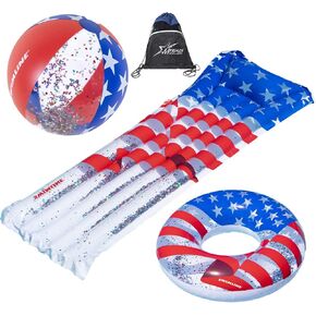 حمام سباحة قابل للنفخ من سلسلة العلم الأمريكي من سويملاين، وحلقة سباحة 36 بوصة، وكرة شاطئ 22 بوصة، وفراش حمام سباحة 75 بوصة، مع حقيبة برباط in Kuwait