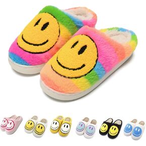 Cute Smile Face Slippers, Fuupnn Retro Soft Plush Furry Fluffy Indoor Outdoor Shoes Comfy Warm Fleece Lined Fuzzy Slip-on Cloud sliders with Memory Foam Happy Face Slippers Couples Cute Cartoon Non Slip Smile Slippers for Winter