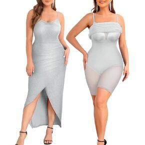 Decorus Women's Glitter Bodycon Maxi Dress Tummy Control Body Shape Shapewear Sparkle Spaghetti Slip Dress
