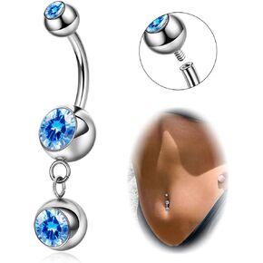 14G G23 Pure Titanium Dangle Belly Button Rings for Women Hypoallergenic Dangling Navel Rings Internally Threaded Belly Rings for Sensitive Skin CZ Barbell Belly Button Piercing Jewelry 6-16mm