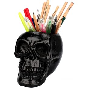 Skull Pen Pencil Holder Resin Skeleton Makeup Brush Holder Key Storage Home Office Decor Desk Supplies (Pink)