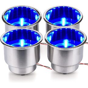 4 Pieces LED Stainless Steel Cup Drink Holder with Drain & LED Marine Boat Rv Camper (Blue)
