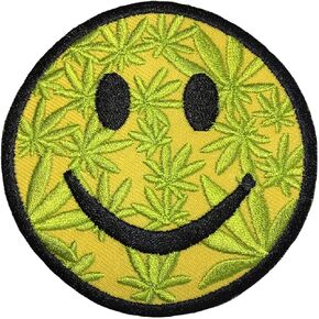 Happy Smile Weed Marijuana Logo Hippie Retro Jacket T-Shirt Fun Costume DIY Applique Embroidered Sew Iron on Patch - Yellow (Iron-Smile-Marijuana)