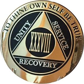 RecoveryChip 38 Year AA Medallion Elegant Black Gold Silver Bi-Plated Alcoholics Anonymous Chip
