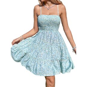 Verdusa Women's Floral Print Ruched Sleeveless Ruffle Hem A Line Swing Cami Dress